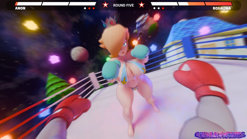 1boy 1girls 3d 3d_(artwork) big_breasts bikini blonde_hair blue_eyes boxing boxing_gloves boxing_ring breasts chalkfights cleavage defeated defeated_male falling_down femdom fight fighting fighting_ring hair_over_one_eye health_bar huge_breasts large_breasts long_hair male_pov mario_(series) milf mixed_boxing pov pov_boxing princess_rosalina super_mario_galaxy thick thick_thighs thighs wide_hips