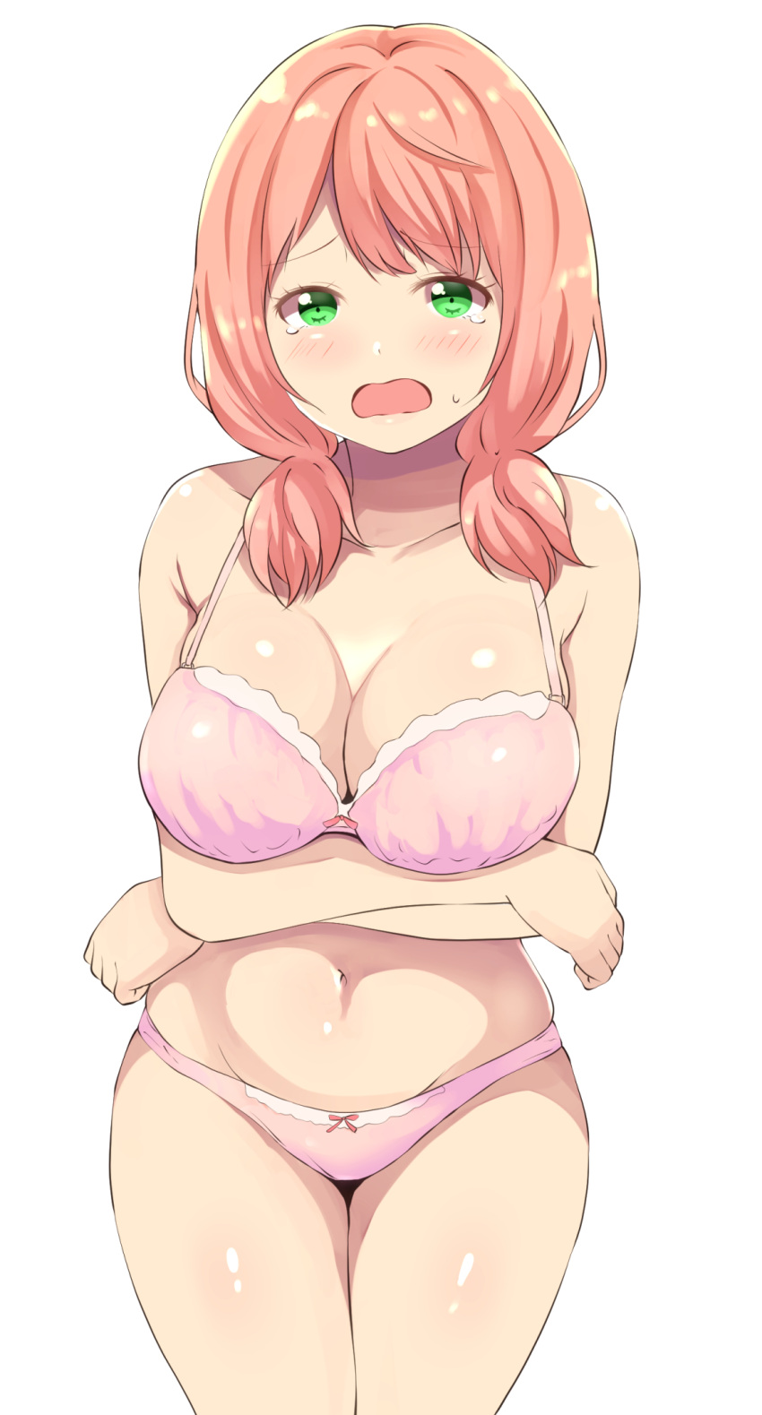 bang_dream! blush bra breasts cleavage cowboy_shot embarrassed eyebrows_visible_through_hair female green_eyes large_breasts legs low_twintails medium_hair navel open_mouth owafu panties pink_hair short_twintails simple_background standing stomach tears twintails uehara_himari white_background