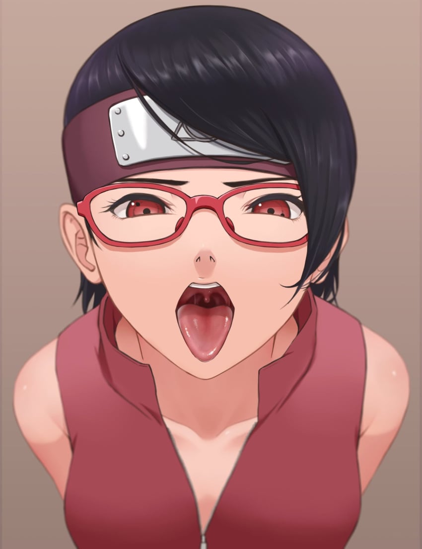 1girls black_hair boruto:_naruto_next_generations female female_only glasses looking_at_viewer miru_(wvjc7832) naruto naruto_(series) open_mouth oral_invitation pov red_eyes sarada_uchiha sharingan tongue_out