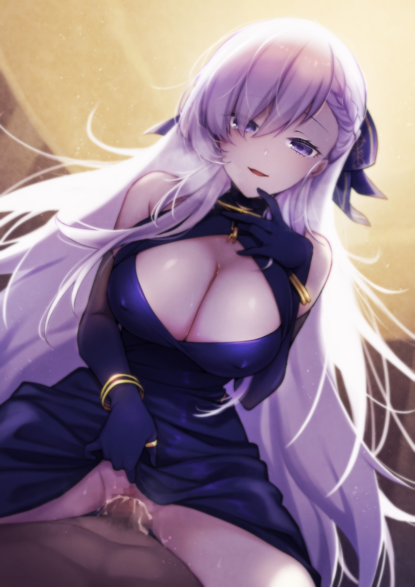 1boy 1girls alternate_costume azur_lane belfast_(azur_lane) belfast_(the_noble_attendant)_(azur_lane) blue_gloves blush breasts censored cleavage clothed_female_nude_male cum cum_in_pussy cum_inside dark-skinned_male dark_skin dress dress_lift ejaculation gloves huge_breasts indoors light-skinned_female light_skin looking_at_viewer male_pov male_pubic_hair nipple_bulge noko_(noko12yayoi) official_alternate_costume penetration pov pubic_hair purple_eyes royal_navy_(azur_lane) sex vaginal_penetration white_hair