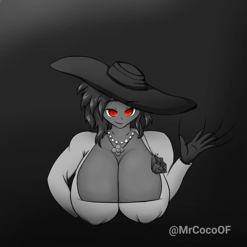 alcina_dimitrescu_(cosplay) big_breasts black_and_white claws elena_(mr.coco) gigantic_breasts huge_breasts looking_at_viewer mr.coco original_character red_eyes resident_evil resident_evil_8:_village vampire voluptuous