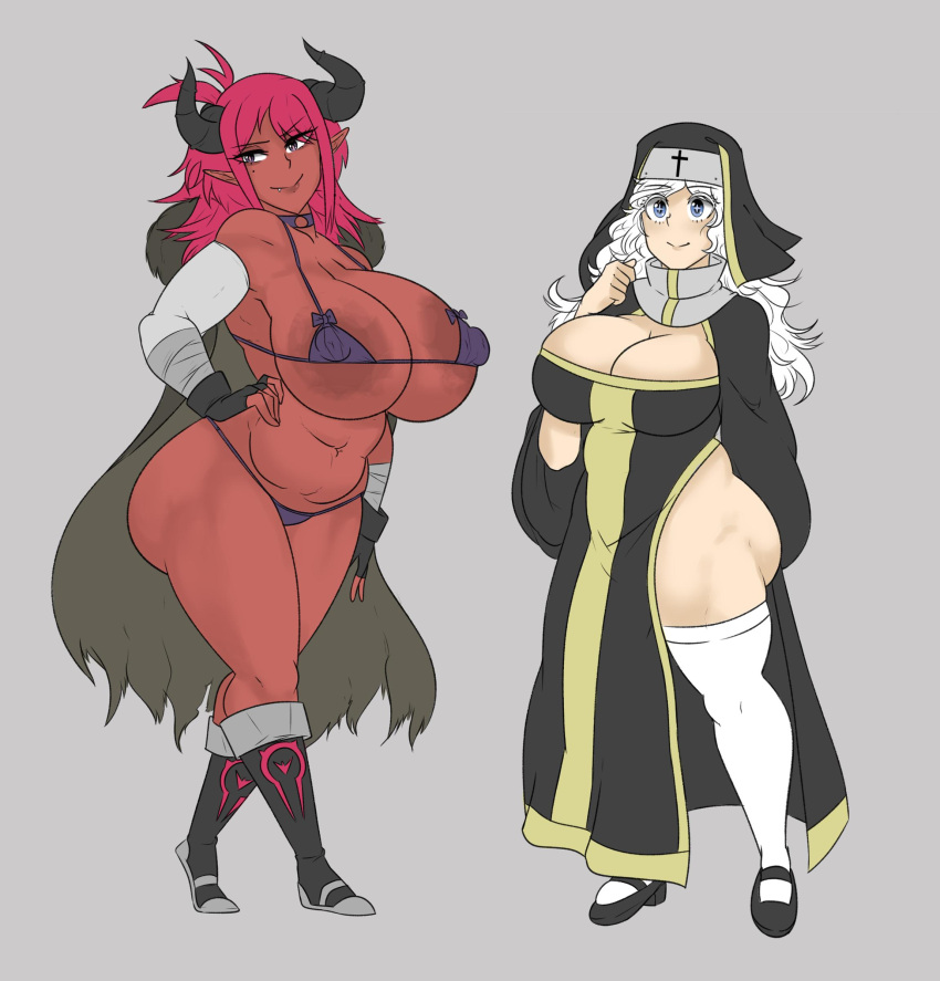 2girls big_ass big_breasts bikini breasts busty cleavage colored demon demon_girl female female_only horns long_hair multiple_girls nun original original_character original_characters red_hair simple_background thick_thighs white_hair yesevilberry