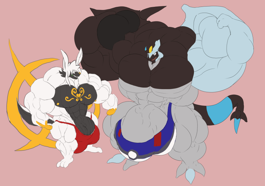 2015 3_toes akekyu anthro anthrofied arceus balls big_balls big_muscles big_pecs big_penis black_penis clothed clothing duo feet flexing genitals grey_penis grin hi_res huge_balls huge_cock huge_muscles hyper hyper_balls hyper_genitalia hyper_muscles hyper_penis kyurem legendary_pokémon looking_at_another male male_only muscular nintendo nipples open_mouth panscolipede pecs penis pink_background plantigrade pokémon_(species) pokémorph pokemon simple_background size_difference smile standing toes underwear underwear_only vein veiny_penis video_games wings yellow_nipples