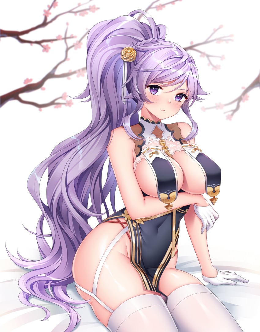 1girls alternate_costume azur_lane bad_censor banglinh1997 bare_arms bare_thighs big_breasts breast_curtains censored commission cosplay covered_nipples covering crossover fire_emblem fire_emblem:_genealogy_of_the_holy_war gloves ishtar_(fire_emblem) large_breasts light_blush long_hair looking_at_viewer new_year nintendo pelvic_curtain ponytail purple_eyes purple_hair see-through sideboob sirius_(azur_lane)_(cosplay) sitting solo solo_female thighhighs very_long_hair