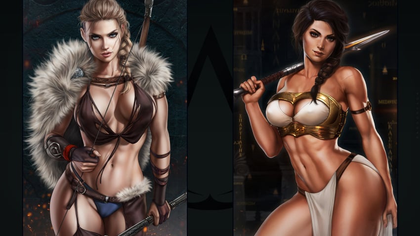 16:9 2girls abs ancient ancient_greece ancient_history assassin's_creed_(series) assassin's_creed_odyssey assassin's_creed_valhalla big_breasts blonde_hair blue_eyes bodypaint bow bra braided_hair braided_ponytail breasts brown_eyes brown_hair child_bearing_hips clothed clothing dandon_fuga dark-skinned_female dark_hair dark_skin eivor_varinsdottir european germanic goddess greece greek greek_clothes greek_female history holding_weapon kassandra light-skinned_female light_skin medieval nordic northern_european panties ponytail scar southern_european sword tattoo tattoos toned toned_female ubisoft underwear viking warrior weapon