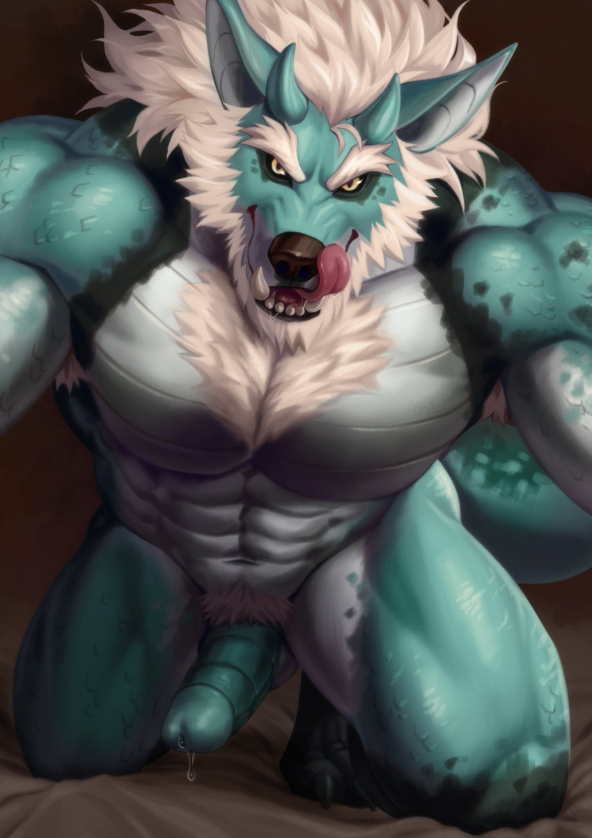 1boy 5_fingers adios anthro balls biceps black_nose bodily_fluids body_hair breasts canid canine canis chest_hair dragon erection facial_hair fangs fingers fur genital_fluids genitals green_body green_skin hi_res horn hybrid looking_at_viewer male male_only mammal muscular muscular_anthro muscular_male nude open_mouth penis rymulus solo teeth white_body white_fur wolf yellow_eyes