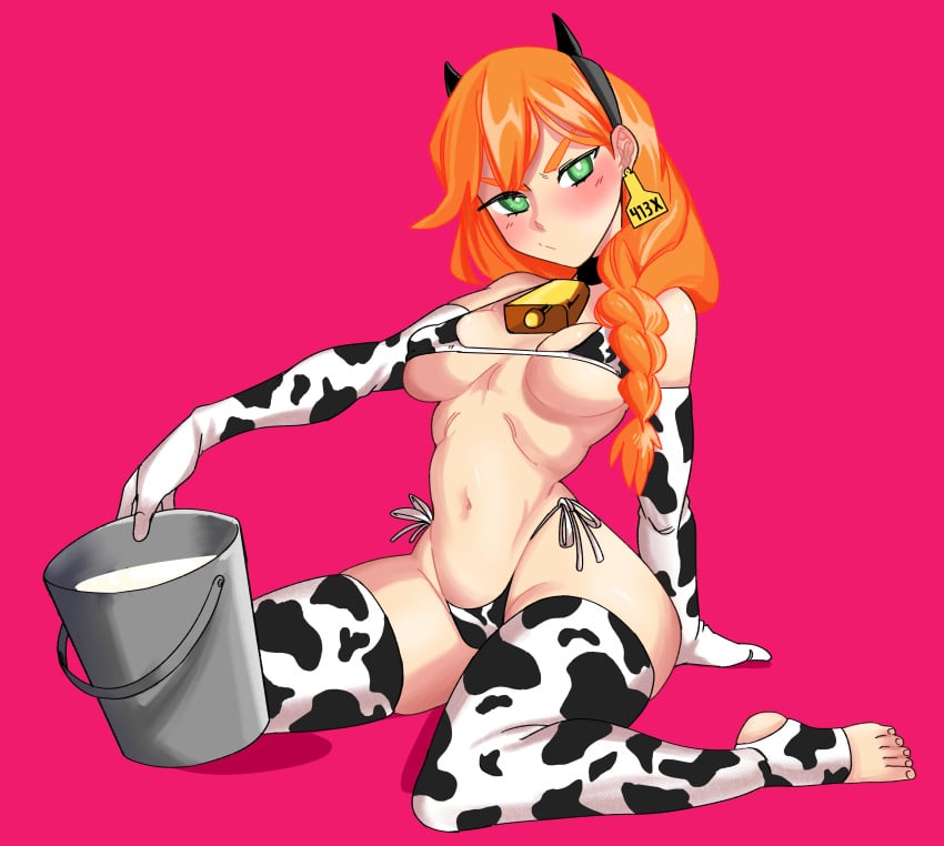 1girls alex_(minecraft) alternate_version_available bikini breasts bucket bucket_of_milk cow_print female female_only minecraft orange_hair void_dot_exe