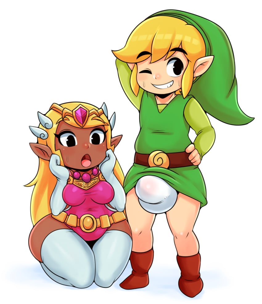 1boy 1boy1girl 1girls alternate_breast_size big_penis blonde_hair bottom_heavy brown_skin bulge dark-skinned_female dark_skin ganguro gyaru interracial light-skinned_male light_skin link looking_at_partner male/female matospectoru nintendo penis penis_awe penis_under_clothes princess_zelda shortstack small_but_hung the_legend_of_zelda the_wind_waker thick_thighs thighs toon_link toon_zelda video_games wide_hips wind_waker wink young