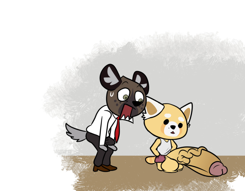 aggressive_retsuko ailurid anthro aroused balls big_balls big_penis black_ears bodily_fluids boots brown_body brown_fur business_attire clothed clothing collared_shirt dot_eyes duo erection erection_under_clothing footwear fur genitals green_eyes grey_eyes haida huge_balls huge_cock hyaenid hyper hyper_balls hyper_genitalia hyper_penis kanedapain male male/male male_only mammal markings mole_(marking) multicolored_body multicolored_fur necktie penis poking_out presenting presenting_penis red_panda resasuke sanrio sharp_teeth shirt simple_background slacks smooth_fur spotted_hyena surprise sweat tank_top teeth topwear underwear white_ears yellow_body yellow_fur