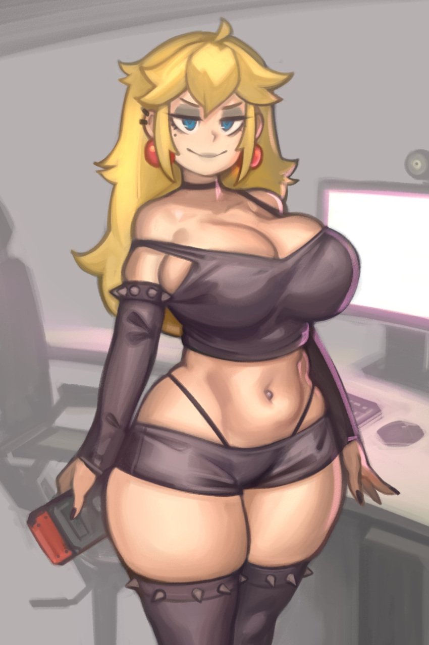 1girls ahoge arm_warmers armwear beauty_mark big_breasts black_eyeshadow black_nails blonde_hair blue_eyes breasts choker cleavage clothing colored_nails computer curvy detached_sleeves ear_piercing earrings electronics eyeshadow female female_only fully_clothed game_console goth gothified grey_background handheld_game_console indoors kelvin_hiu long_hair long_sleeves looking_at_viewer mario_(series) medium_hair midriff mole mole_under_eye nail_polish narrow_shoulders navel navel_piercing nintendo nintendo_switch piercing princess_peach revealing_clothes sidelocks simple_background skindentation smile solo spiked_armlet spiked_legband spikes standing thick_thighs thighhighs thighs thin_arms wide_hips zettai_ryouiki