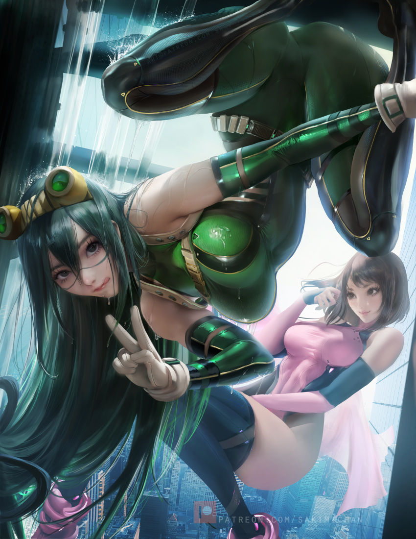 2girls big_breasts green_hair hero_outfit_(mha) looking_at_viewer my_hero_academia ochako_uraraka sakimichan spread_legs tongue_out tsuyu_asui water_dripping