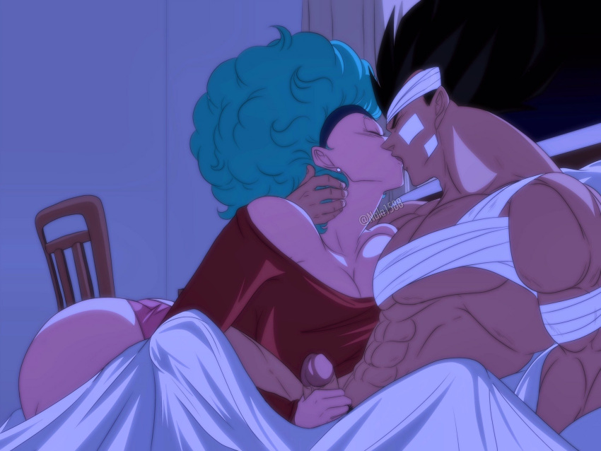 afro bulma_(afro) bulma_briefs dragon_ball dragon_ball_z erection handjob handjob_with_kissing kissing nala1588 penis tagme vegeta