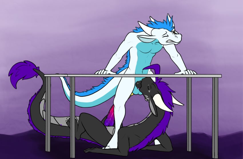 anthro balls cronic dragon duo genitals hi_res horn male male/male oral penis sarek_aran_desian sarek_aran_desian_(character) tongue under_the_table