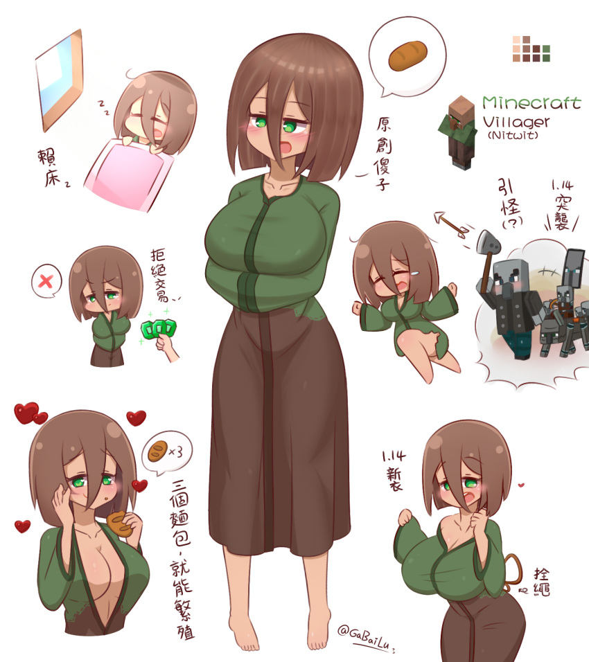 barefoot blush brown_hair female gabai gijinka green_eyes hair_between_eyes humanized illager_(minecraft) large_breasts minecraft naughty_face nitwit_(minecraft) open_clothes peasant peasant_woman pillager_(minecraft) ravager_(minecraft) spoken_heart villager_(minecraft) vindicator_(minecraft)