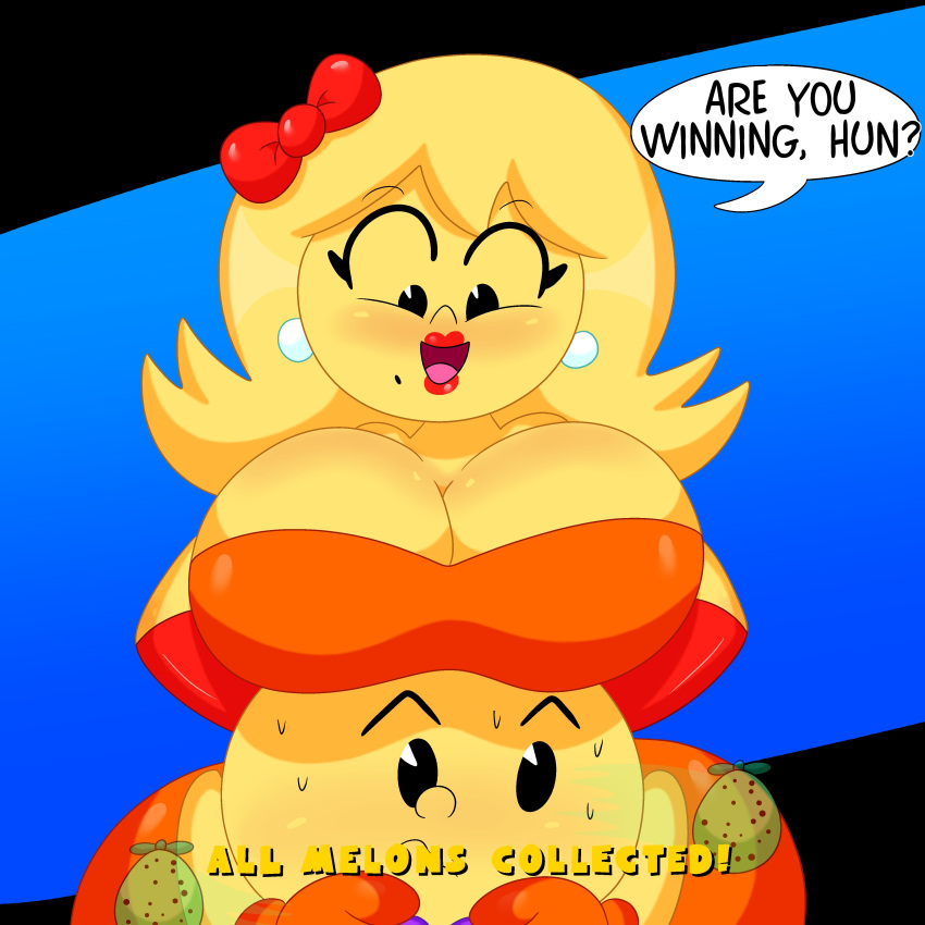 1boy 1girls 2020 3barts anthro anthrofied bandai_namco beauty_mark big_ass big_breasts breasts_on_head canon_couple cute earrings female husband_and_wife larger_female lipstick loving_couple male married_couple midway midway_games milf ms._pac-man namco pac-man pac-man_(series) red_bow red_lipstick red_panties smaller_male tagme watermelon yellow_hair yellow_skin