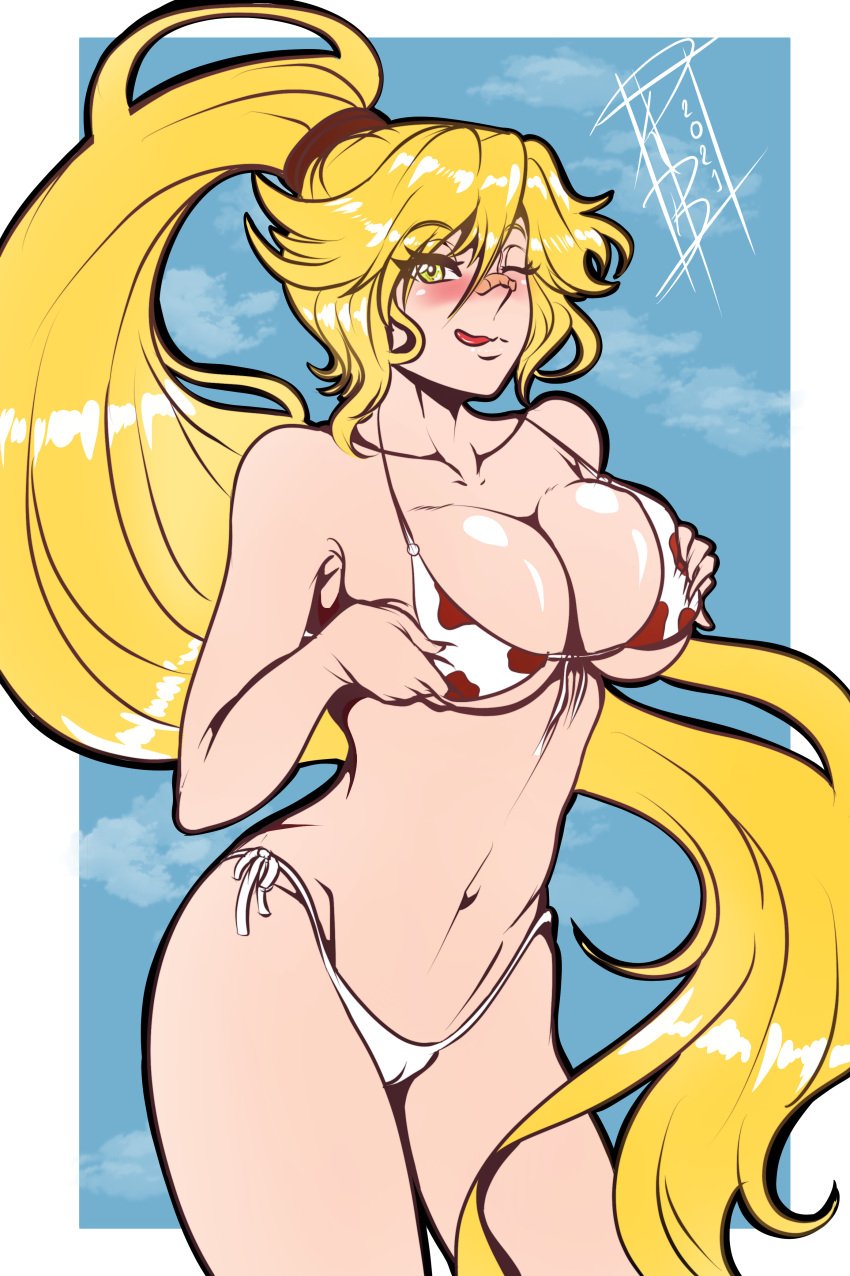 bikini blonde_hair green_eyes herowarz jerry(herowarz) large_breasts long_hair ponytail