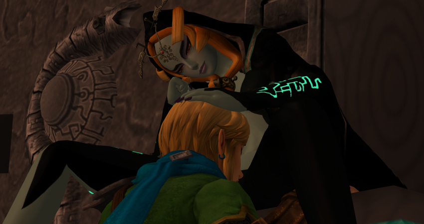 3d 3d_(artwork) blonde_hair clothing female hand_on_head holding_head indoor licking licking_pussy link link_(hyrule_warriors) male midna nintendo orange_eyes red_hair sitting the_legend_of_zelda twili_midna twilight_princess two_tone_skin white_skin xnalara yesimtaco