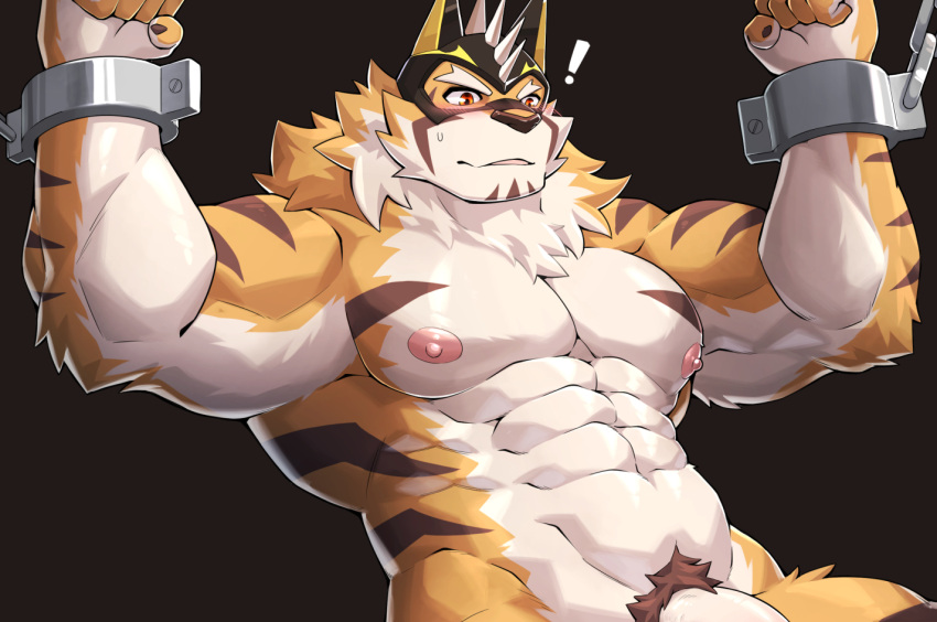 ! 1boy abs anthro captured felid flaccid genitals handcuffs kamyuelo live-a-hero male male_only mammal mask muscular muscular_anthro muscular_male nipples pantherine pecs penis penis_base pubes ryekie_(live_a_hero) shackles solo superhero tiger