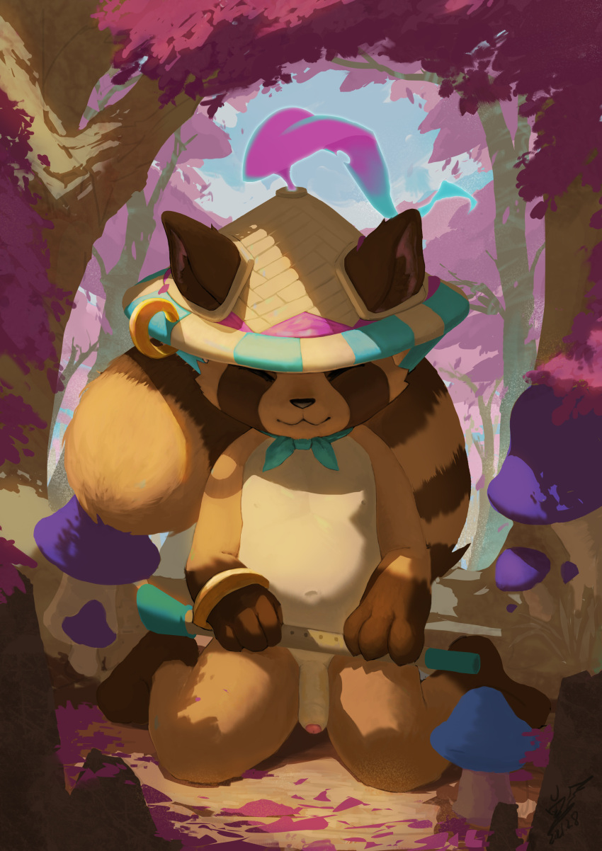 2021 absurdres anthro brown_body brown_fur canid canine closed_eyes detailed_background flaccid fur furry genitals handshots hat headgear headwear highres humanoid_hands kemono league_of_legends male mammal outdoors penis raccoon_dog riot_games solo spirit_blossom_series spirit_blossom_teemo tanuki teemo