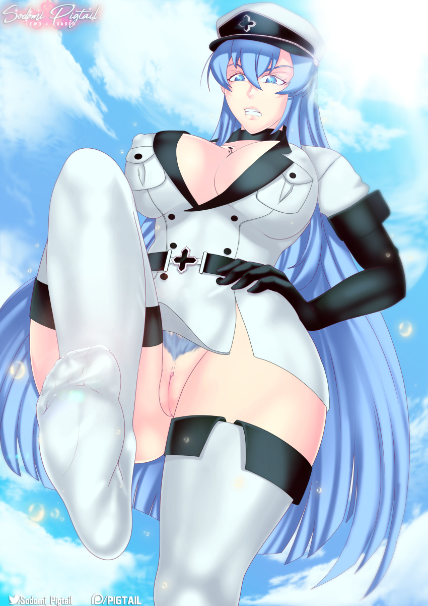 1girls akame_ga_kill! angry blue_eyes blue_hair breasts commission esdeath_(akame_ga_kill!) female female_focus flashing foot_fetish long_hair mad military_uniform oppai sodomi_pigtail solo solo_female solo_focus step_pose thighhighs upskirt