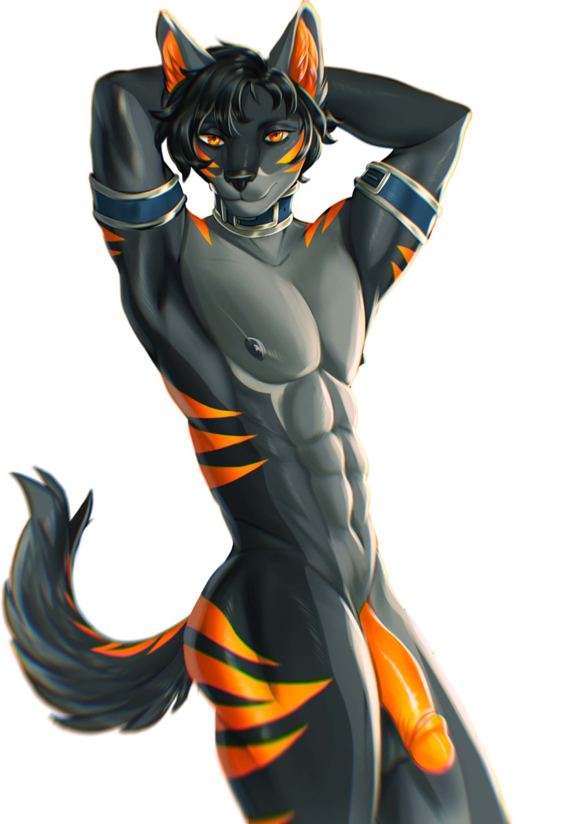 anthro balls black_body black_hair black_nose bodily_fluids bracelet butterflysneeze canid canine canis collar domestic_dog genitals grey_body hair hi_res horn humanoid_genitalia humanoid_penis jewelry looking_at_viewer male mammal nude orange_eyes orange_pattern orange_penis orange_stripes penis pose simple_background solo stripes theultimategoose white_background