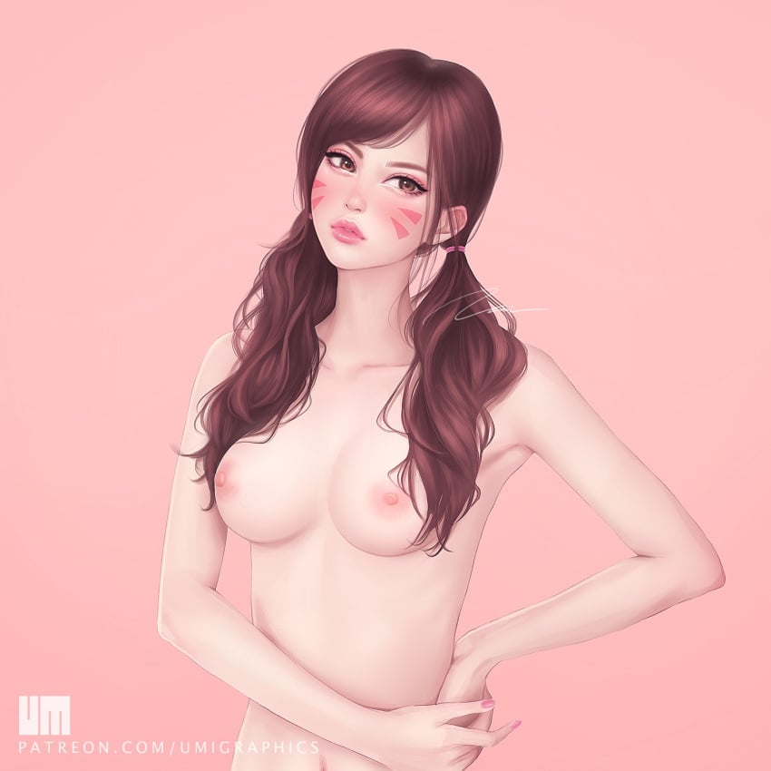 1girls asian blizzard_entertainment breasts brown_eyes brown_hair cute d.va egirl eyelashes eyeliner facial_mark facial_markings female female_only fringe hana_song light_skin long_hair looking_at_viewer medium_breasts naked nude overwatch pale_skin pinup skinny slim solo twintails umigraphics video_games