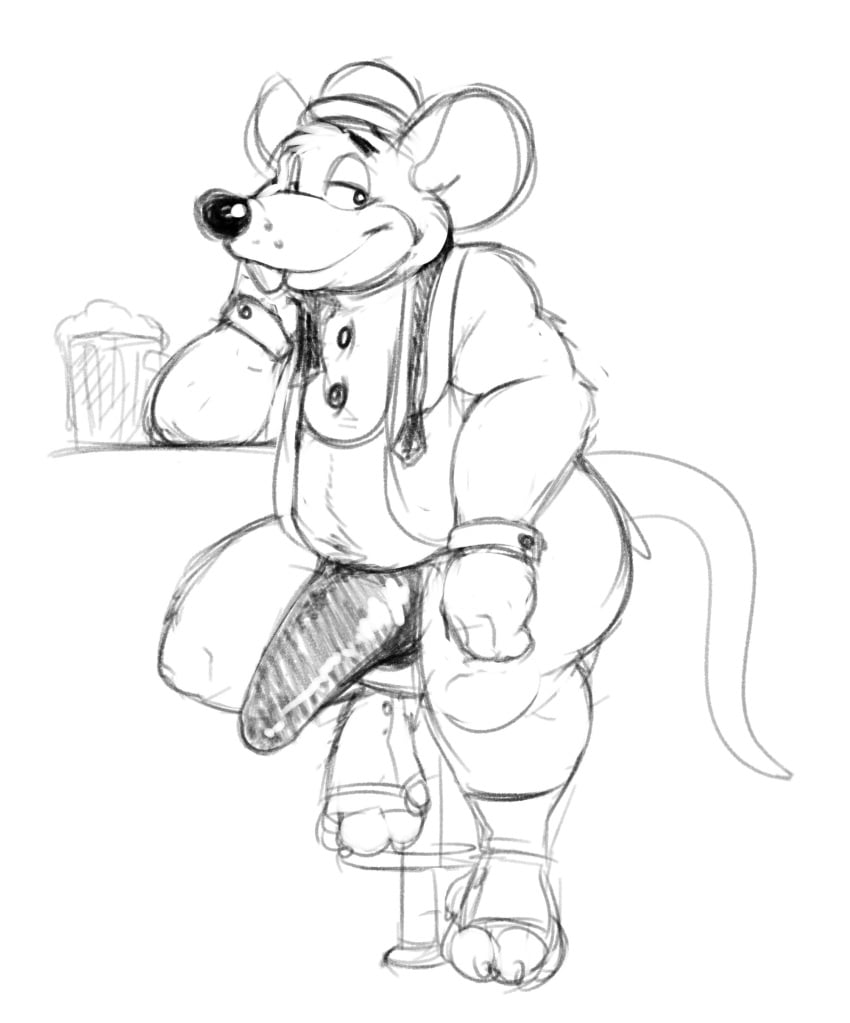 absurd_res alcohol anthro anthro_only bedroom_eyes beer beverage bulge chuck_e_cheese chuck_e_cheese_(franchise) emenius hi_res male male_only mammal mascot monochrome murid murine narrowed_eyes rat rodent seductive slightly_chubby solo