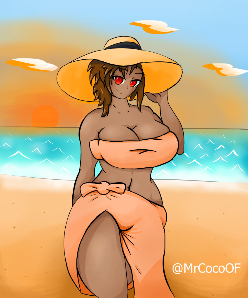 beach beach_towel big_breasts big_breasts elena_(mr.coco) hat huge_breasts looking_at_viewer mr.coco red_eyes smile smiling smiling_at_viewer thick_thighs towel voluptuous wide_hips