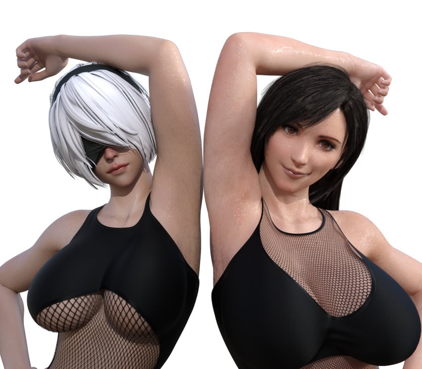 2girls 3d armpit_fetish armpits arms_up busty cleavage female female_domination female_focus female_only fetish final_fantasy final_fantasy_vii fishnets hair_over_eye hair_over_eyes hair_over_one_eye hair_over_one_eyes large_breasts light_skin lingerie lipstick looking_at_viewer naked nier:_automata oppai pale_skin pink_lipstick pose posing revealing_clothes see-through see-through_clothing shiny shiny_skin smile smooth_skin sweat sweatdrop sweating sweaty sweaty_armpits tifa_lockhart tiltproofno underboob underwear voluptuous wet wet_skin yorha_2b