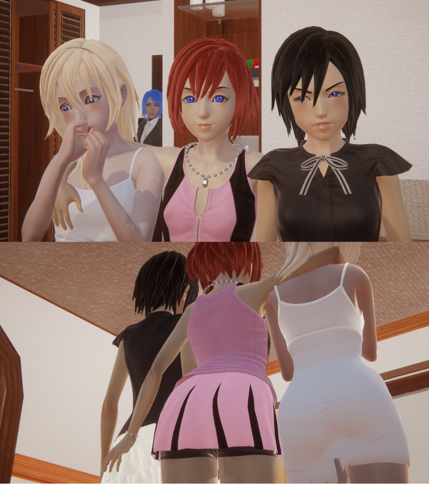 3d 4girls angry aqua_(kingdom_hearts) ass disney female_only fully_clothed grabbing_ass groping happy honey_select kairi kingdom_hearts namine roseza spats square_enix surprised tight_clothing tight_dress xion