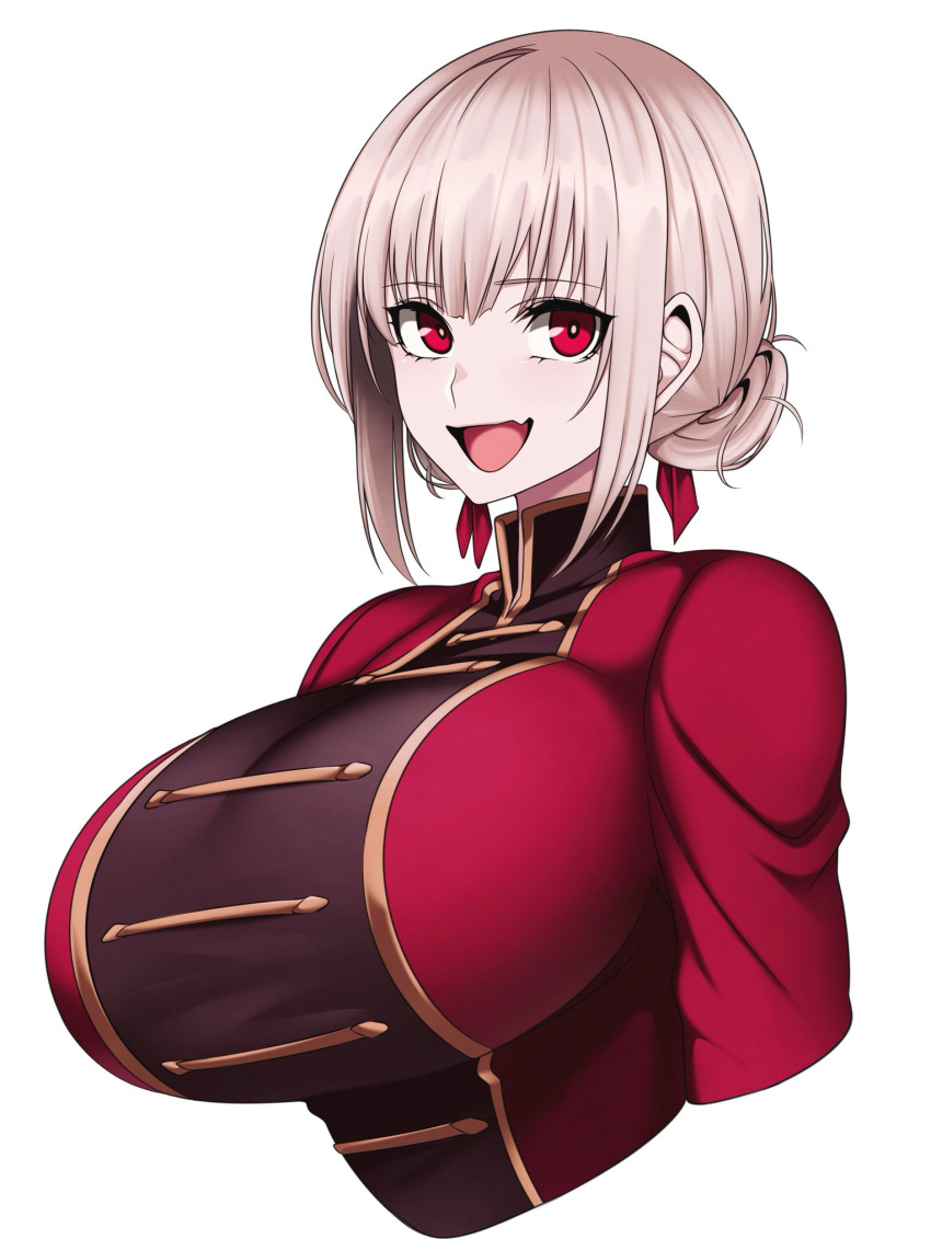 1girls camui_kamui_(hz_666v) cute fate_(series) female female_only florence_nightingale_(fate) huge_breasts large_breasts light-skinned_female light_skin open_mouth red_eyes sharp_teeth solo tight_clothing tight_fit top_half white_hair