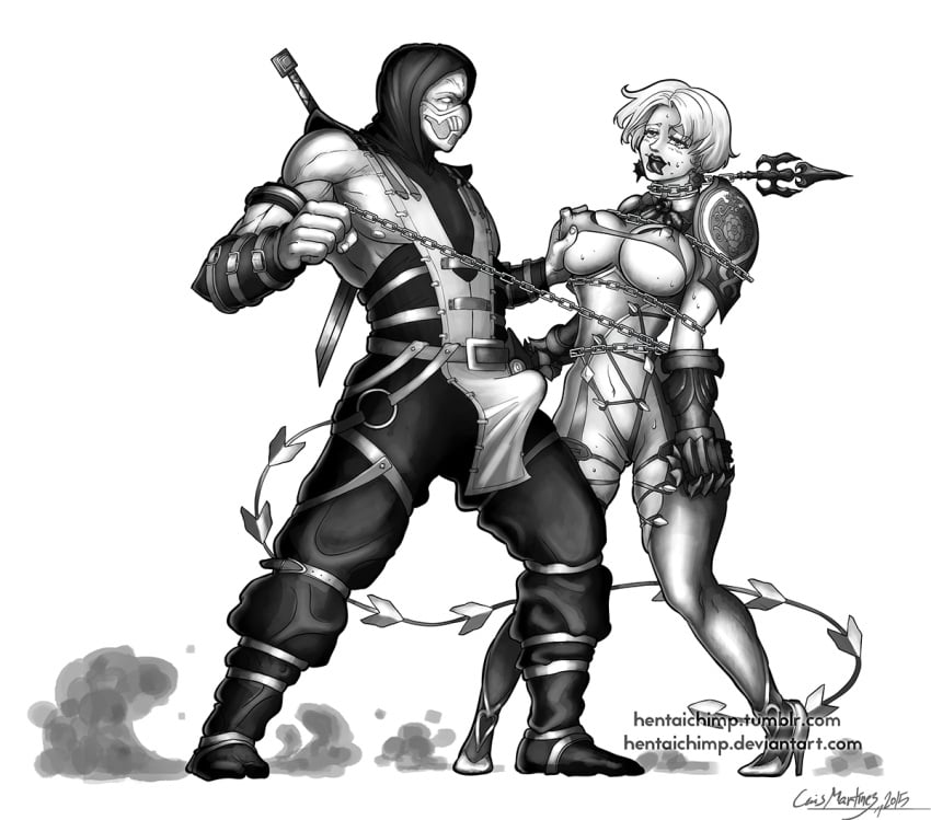 black_and_white breast_grab crossover defeated dizzy erect_nipples erection erection_under_clothes female front_wedgie hentaichimp huge_breasts isabella_valentine looking_pleasured male monochrome mortal_kombat namco netherrealm_studios saito200 scorpion_(mortal_kombat) short_hair skimpy skimpy_armor skimpy_clothes soul_calibur