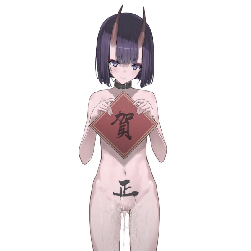 after_sex after_vaginal bangs blush bob_cut body_writing breasts collar collarbone cum cum_in_pussy cumdrip eyeliner fate/grand_order fate_(series) female highres horns looking_at_viewer makeup navel nude obabynight oni oni_horns overflow purple_eyes purple_hair pussy short_hair shuten_douji_(fate) sign simple_background skin-covered_horns small_breasts smile thighs translation_request uncensored