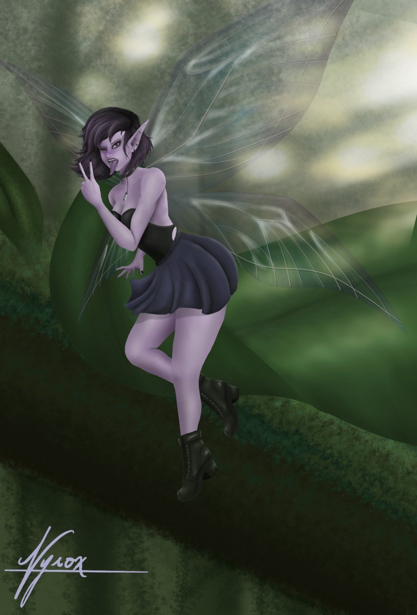 big_boots black_nail_polish black_nails black_topwear boots choker crystal dnd dnd5e earrings fairy female female_only fly flying forest forest_background goth gothic gothic_girl hair_in_wind leaf necklace piercing piercings pixie punk purple_body purple_eyes purple_hair purple_skin short_hair short_skirt skirt small solo solo_female sprite tongue_out wince wings