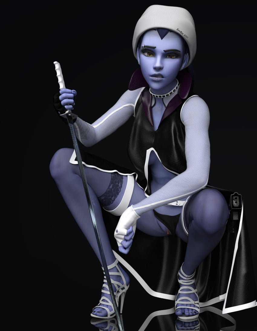 1girls 3d angry blue_hair blue_skin choker clothed clothing crouching errbee feet female female_only gloves hat heels highres looking_at_viewer open_toe_shoes overwatch pantyhose piercing purple_skin pussy silver_nails sword toes vagina widowmaker yellow_eyes