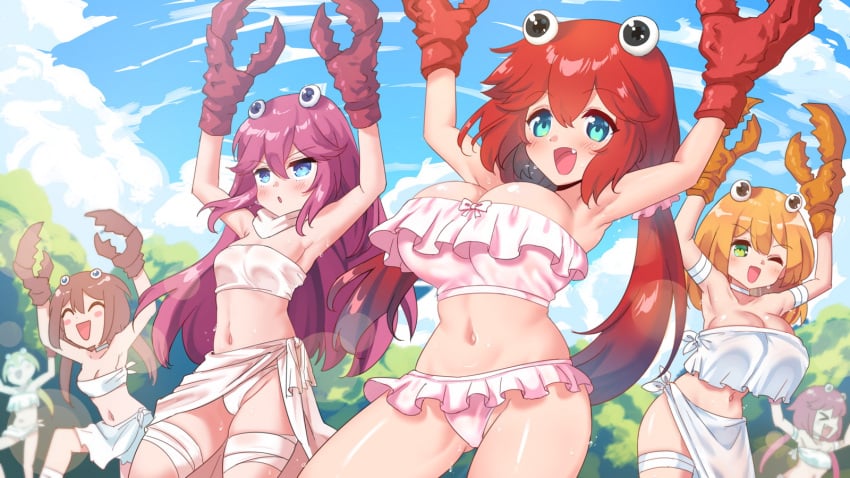 >_< 16:9 2020 4_eyes 6girls :o ^_^ animal-shaped_hair armband armpits arms_up bare_shoulders bikini blonde_hair blue_eyes blurry blurry_background blush breasts brown_hair cleavage closed_eyes cloud crab_girl crab_rave dancing eyebrows_visible_through_hair fangs frilled_bikini frills green_eyes hair_between_eyes happy highres humanized large_breasts long_hair long_twintails looking_at_viewer low_twintails medium_breasts meme merryweather multi_eye navel one_eye_closed open_mouth original outdoors pincers pink_bikini purple_hair raised_leg rayno sarong sky small_breasts smile standing standing_on_one_leg sweat sweatdrop swimsuit teeth thick_thighs thighhighs thighs tongue tree twintails white_bikini wide_hips wink