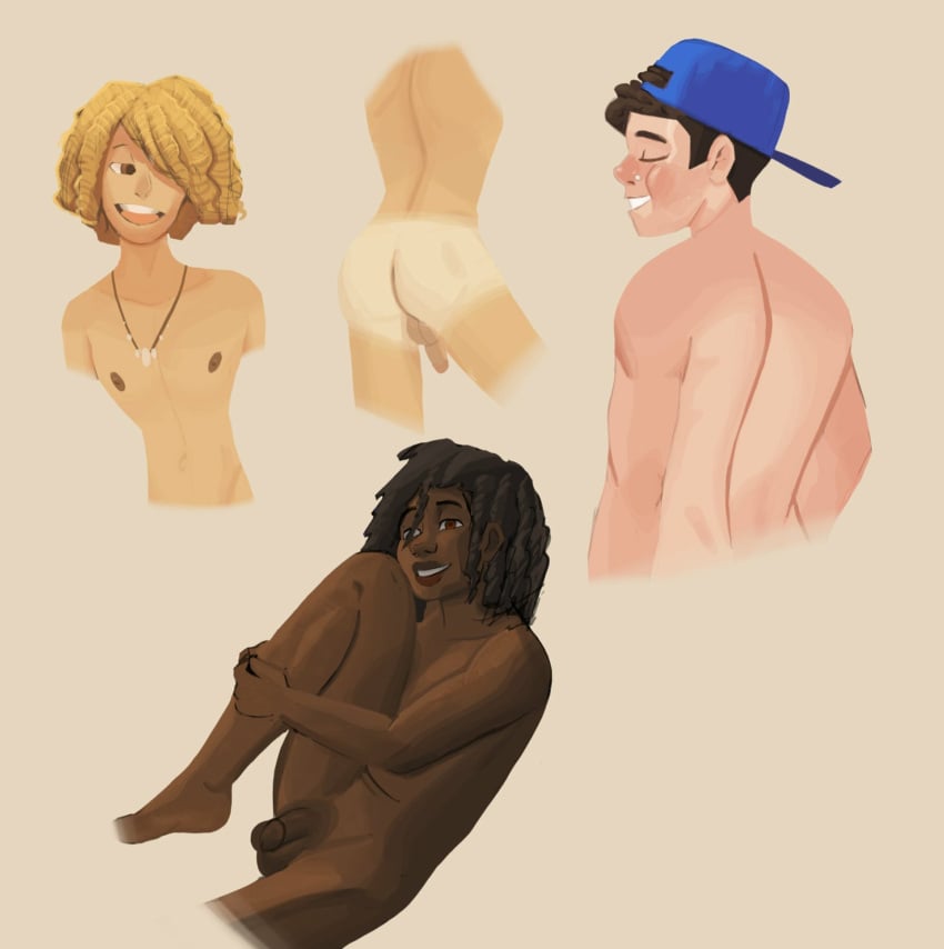 ass backwards_baseball_cap backwards_hat balls baseball_cap blonde_hair brown_eyes brown_hair capy_diem curly_hair flaccid full_lips hat human lineless lineless_art male male_only necklace nose_piercing nude original original_character original_characters penis piercing smile solo_focus tan_lines tanline unnamed_character