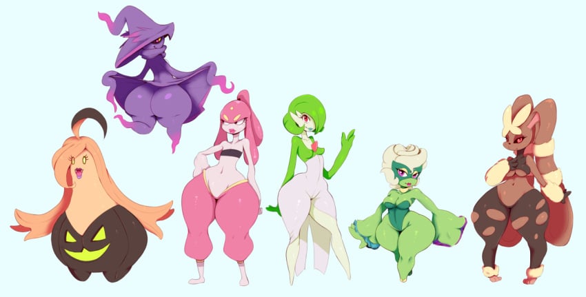 6girls big_breasts big_butt big_lips bubble_butt bunny butt_crack colored dress_lift erect_nipples gardevoir ghost gourgeist huge_butt huge_thighs humanoid lifting_skirt lipstick lopunny medicham mismagius mostly_nude plant pokémon_(species) pokemon pokemon_(species) pumpkin rabbit roserade sunnysundown thick_thighs upskirt white_background wide_hips