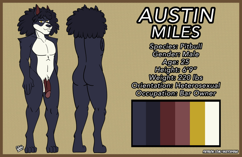 2021 4_toes 5_fingers anthro ass austin_miles blue_body blue_fur blue_hair blue_nose border brown_border canid canine canis domestic_dog english_text feet fingers fur genitals hair hi_res looking_at_viewer male mammal model_sheet multicolored_body multicolored_fur navel nude penis pit_bull signature sketchybug solo text toes two_tone_body two_tone_fur url vein veiny_penis white_body white_fur yellow_eyes