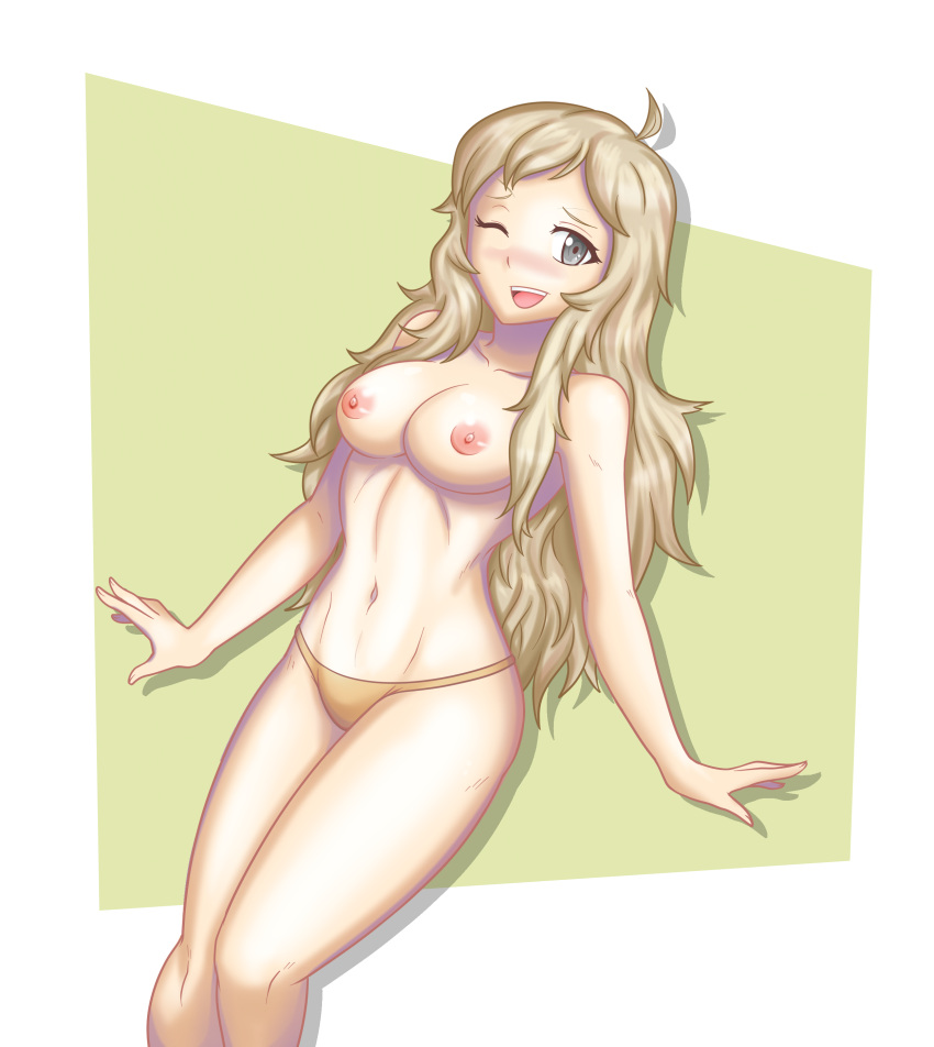 1girls blonde_hair blush breasts embarrassed female female_only fire_emblem fire_emblem_fates grey_eyes hayato_stuff long_hair looking_at_viewer medium_breasts nintendo nipples one_eye_closed open_mouth open_smile ophelia_(fire_emblem) panties shy_smile simple_background smile solo teenager topless wink yellow_panties