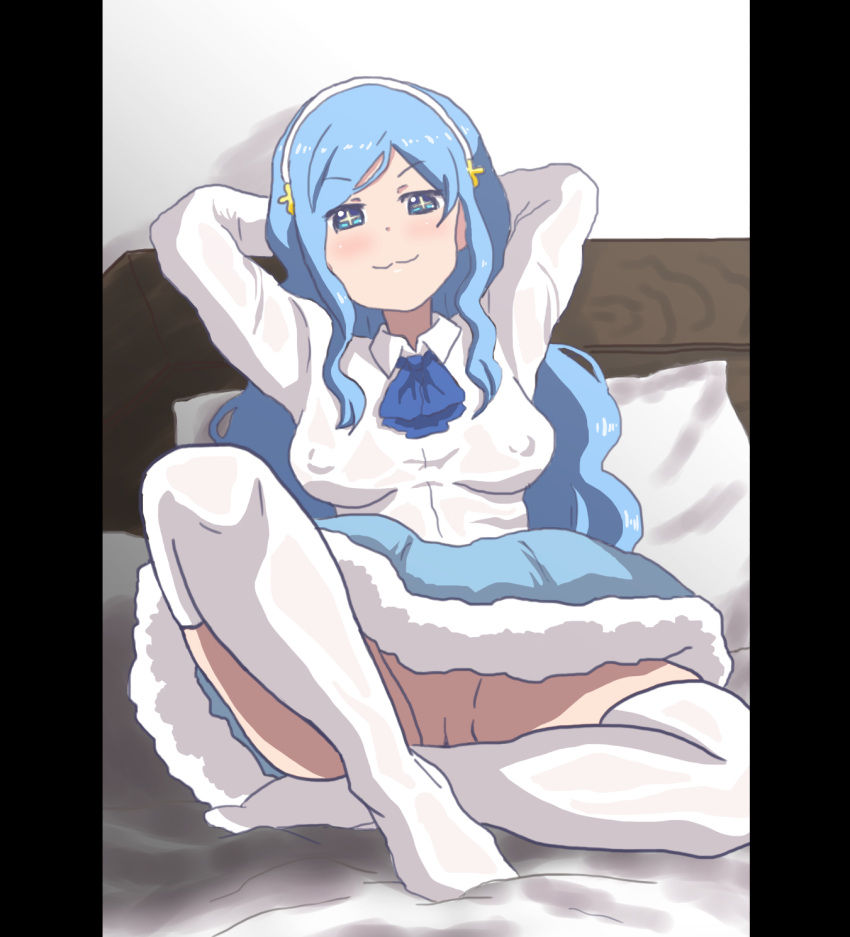 blue_eyes blue_hair dgn fully_clothed himouto!_umaru-chan looking_at_viewer nipple_bulge no_bra no_panties pussy school_uniform sitting skirt smile tachibana_sylphynford