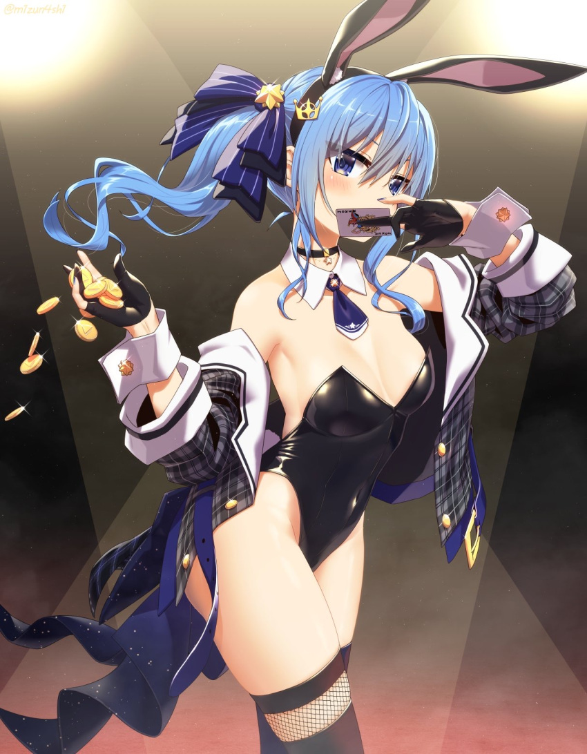 1girls adapted_costume alternate_costume animal_ears ass bare_shoulders blue_eyes blue_hair blush breasts bunny_ears bunny_girl bunnysuit card choker cleavage coin cosplay covering_mouth female female_only gloves hair_ornament hips hololive hololive_gen_0 hololive_japan hoshimachi_suisei leotard looking_at_viewer medium_breasts mizunashi_(second_run) necktie side_ponytail solo stage thigh_boots thighhighs thighs virtual_youtuber