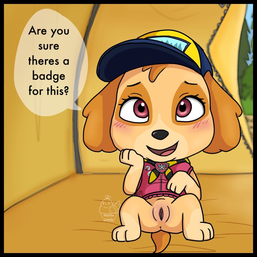 1:1 anus black_border blush border canid canine canis clothed clothing digital_media_(artwork) domestic_dog english_text female feral genitals hand_on_head hat headgear headwear hi_res looking_at_viewer looking_up mammal muffinlewds outside partially_clothed paw_patrol paws plump_labia presenting presenting_pussy pussy shirt sitting skye_(paw_patrol) smile solo spread_legs spreading tent text topwear young