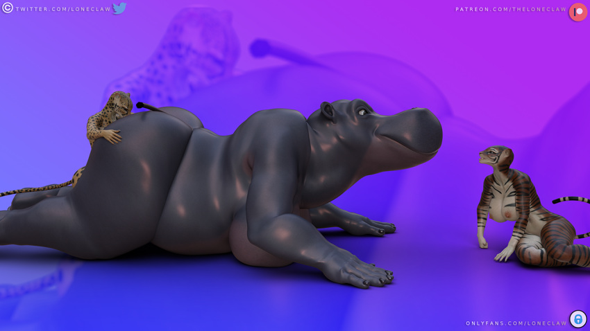 16:9 anthro ass belly bent_over big_belly big_breasts big_butt breast_squish breasts butt butt_grab cheetah common_hippopotamus daz3d daz_3d daz_studio eye_contact fatal_vore felid feline female female/female furry group hand_on_butt hippopotamid huge_breasts huge_butt huge_thighs jasmine_(loneclaw) large_ass large_breasts larger_female laying_on_ground loneclaw looking_at_another looking_at_genitalia lying lying_on_breasts lying_on_ground mammal neck_bulge on_front overweight overweight_anthro overweight_female pantherine size_difference smaller_female smile squish stomach_bulge text thick_thighs tiger url wide_hips widescreen yuri