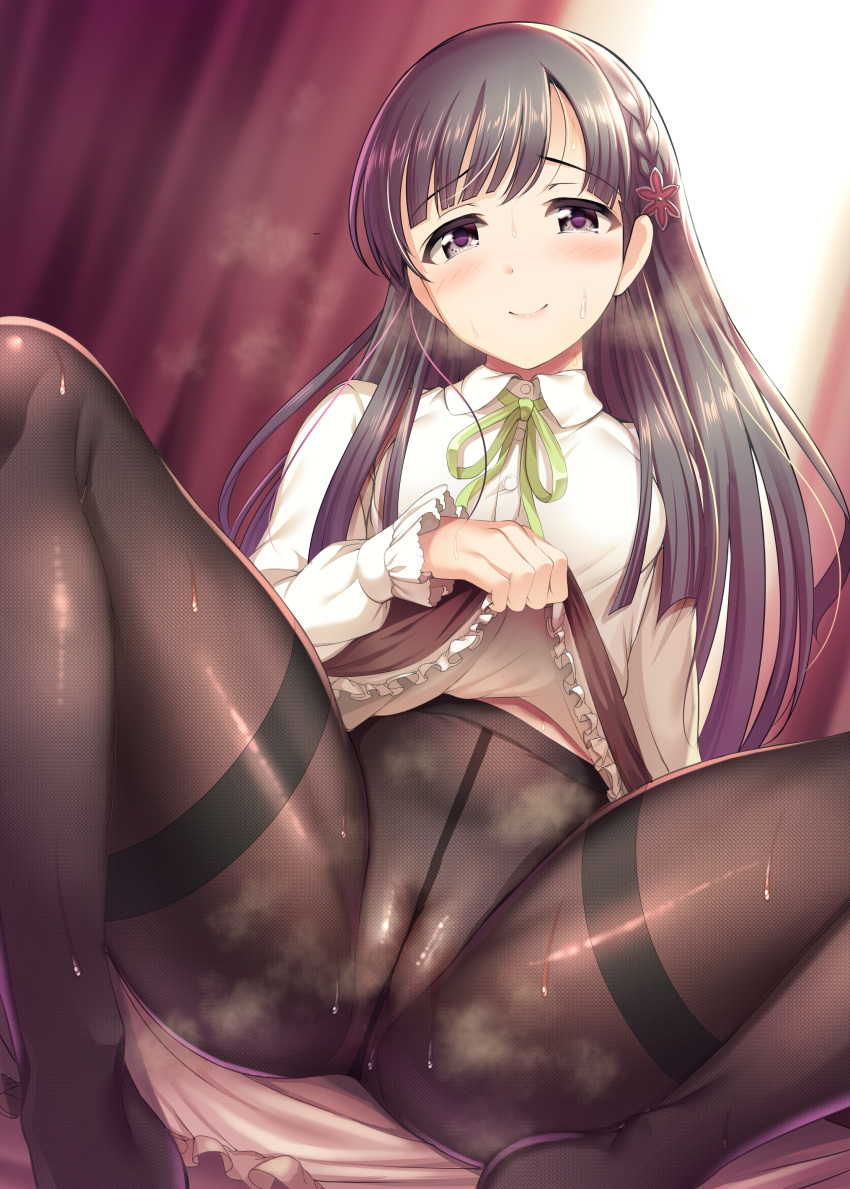 1girls blush cameltoe dress dress_lift female female_focus female_only hair hair_ornament idolmaster kobayakawa_sae lace long_hair looking_at_viewer ment no_panties nopan pantyhose see_through skirt_lift solo solo_female solo_focus steam steaming_body sweat sweatdrop the_idolm@ster the_idolm@ster_cinderella_girls the_idolm@ster_cinderella_girls_starlight_stage thighs