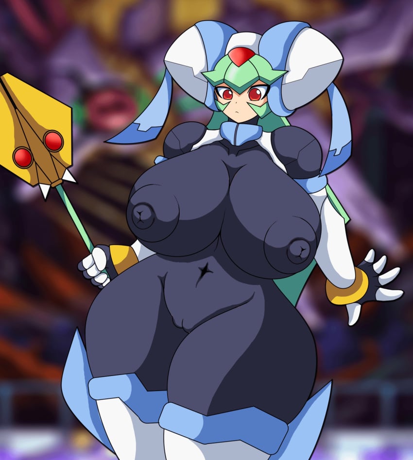 1girls animated artificial_skin breasts capcom clothes_removed female huge_breasts mega_man mega_man_zx nude pandora_(mega_man) pussy reploid robot robot_girl s1-14 slash slideshow solo staff