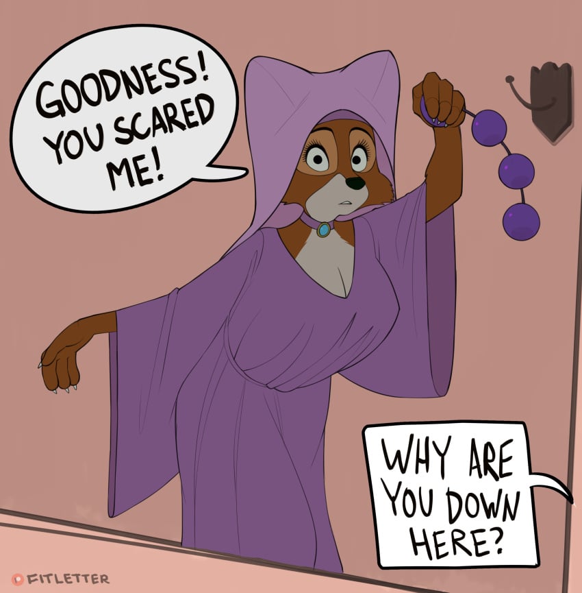 absurd_res anal_beads big_breasts black_eyes breasts brown_body brown_fur canid canine cleavage clothed clothing collar disney dress female fitletter fox fur hi_res maid_marian mammal robin_hood_(disney) sex_toy text veil white_body white_fur