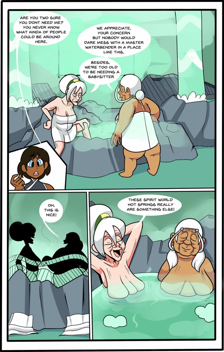 3girls age_regression avatar_legends avatar_the_last_airbender breast_expansion comic dark-skinned_female dark_skin earth_kingdom elderly_female english_text female hot_spring katara korra large_breasts sagging_breasts smooth_skin speech_bubble steam superspoe text the_avatar the_legend_of_korra toph_bei_fong towel transformation water water_tribe waterfall white_hair