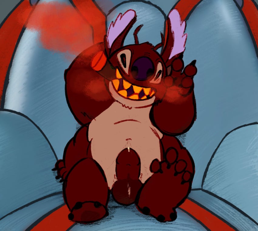 2021 4_arms 4_fingers 4_toes alien antennae_(anatomy) balls bodily_fluids chair cigar digital_drawing_(artwork) digital_media_(artwork) disney erection evil_grin experiment_(lilo_and_stitch) feet fingers front_view fur furniture genital_fluids genitals gesture hand_behind_head hi_res humanoid_genitalia humanoid_penis leroy_(lilo_and_stitch) lilo_and_stitch male male_only multi_arm multi_limb penis precum purple_nose red_balls red_body red_fur red_penis sitting slightly_chubby smile smoking solo toes v_sign yellow_teeth