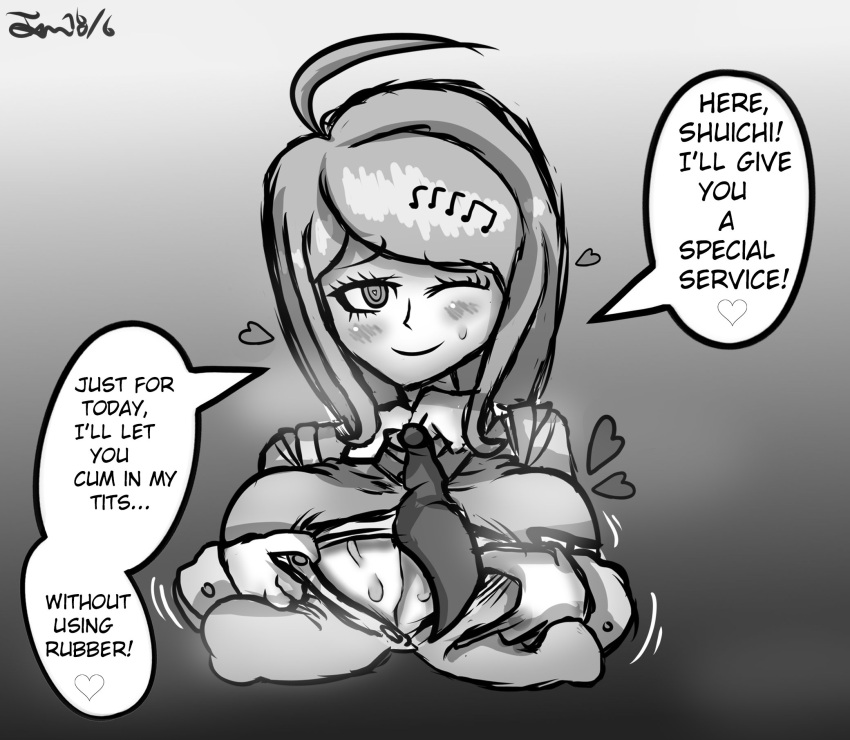 1girls ahoge akamatsu_kaede alternate_breast_size big_breasts blush breasts clairdelube cleavage danganronpa danganronpa_v3 dialogue english_text imminent_paizuri inviting large_breasts monochrome necktie nipples_visible_through_clothing paizuri_invitation straight_hair sweat text wink